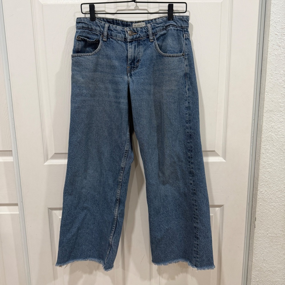 Motel Rocks Wide Leg Jeans Medium Wash Raw Hem High Waisted Denim Pants 29